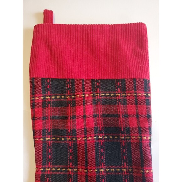 Classic Plaid Christmas Stocking Red W/ Corduroy Detail Festive Country Decor - Picture 3 of 7